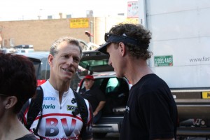 Specialty Sports Venture President Ken Gart chats with Boulder Mayor Shaun McGrath on Sunday (Photo by Ron S. Doyle)